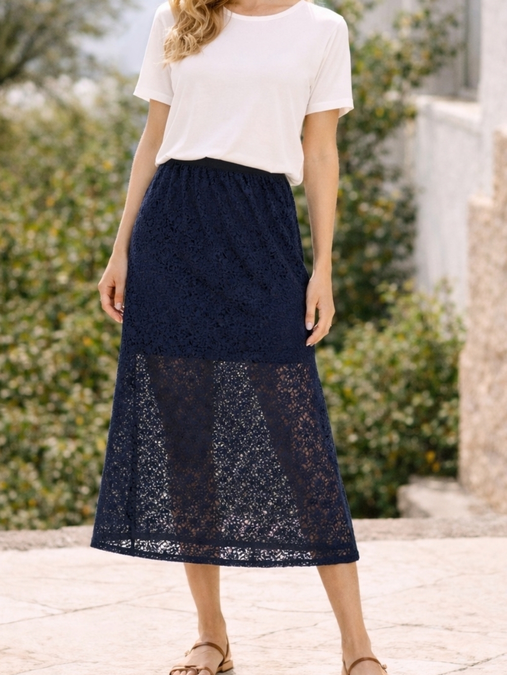 Old Navy Navy Lace Midi Skirt High Waist Lined Cotton Blend NWT Size L